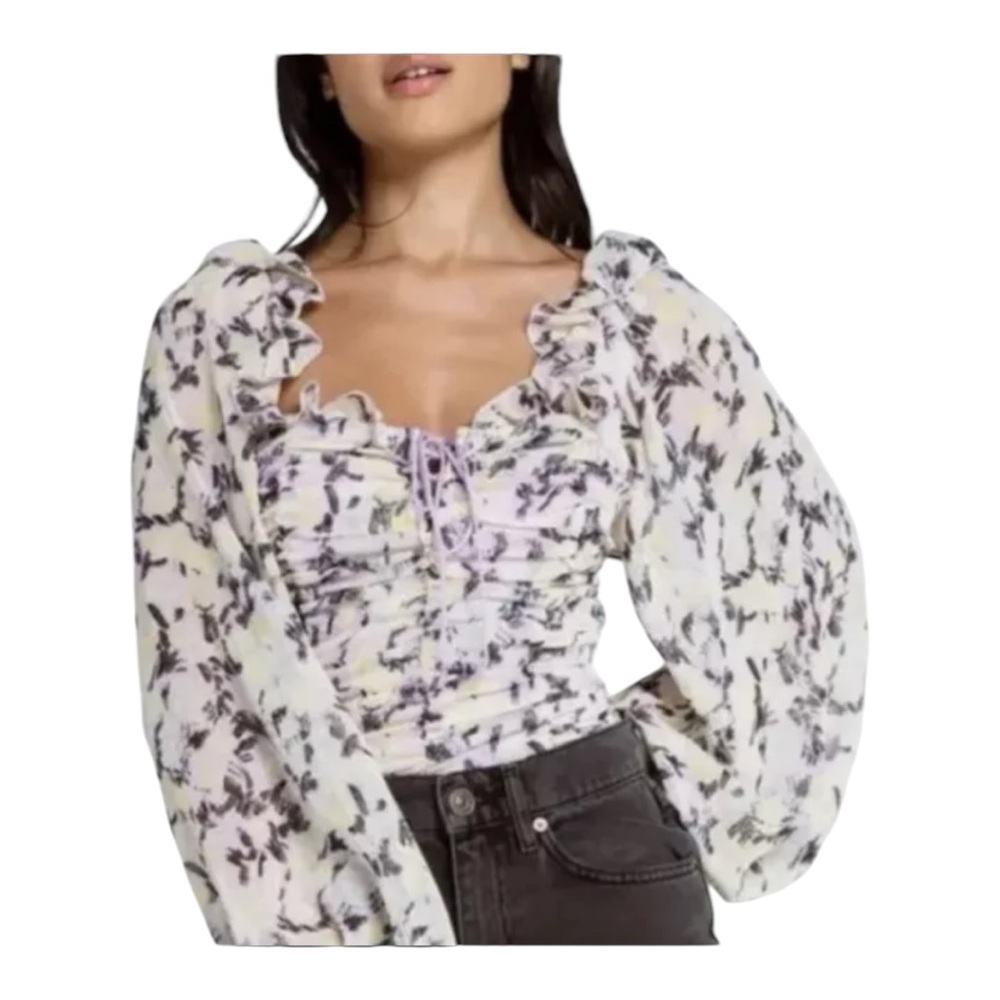 Free People Mabel Printed Blouse Women's Large Lilac Combo Blouson Sleeves NWT